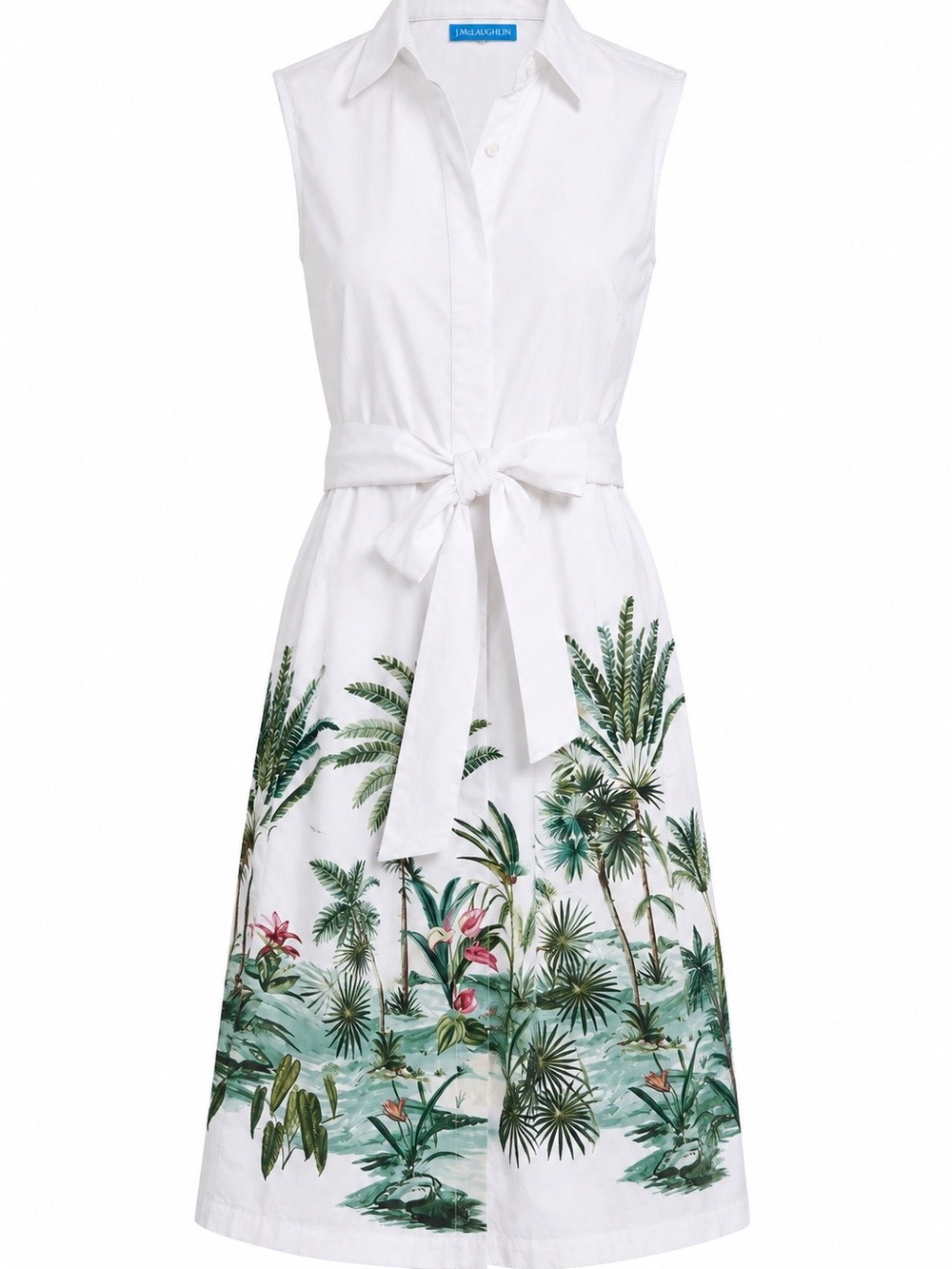 Sleeveless White Midi Shirt Dress with Green Tropical Print and Self-Tie Waist